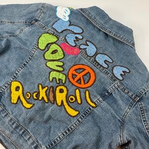 Atmosphere Denim Jacket Peace Love Rock‎ Roll Embroidered Cropped Jean Size Med